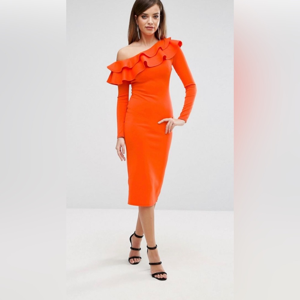NWT ORANGE ASOS CLUB L LONDON ONE SHOULDER FRILL MIDI DRESS L/16 - Picture 3 of 6